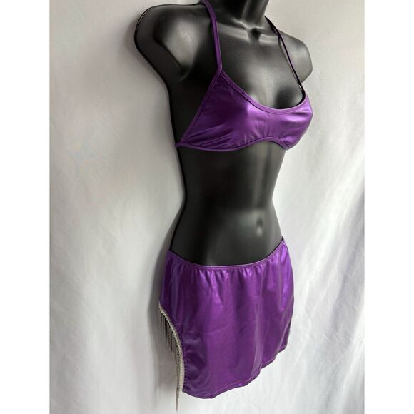 Two Piece Neon Purple Set Dancewear Festival Rave Fringe Skirt Top Futuristic M - Picture 2 of 11